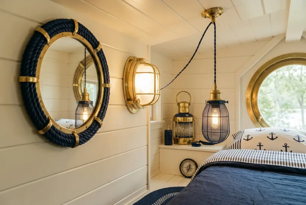Aménagement salon tiny house avec mur d'accent en lambris de bois teck et miroir rond laiton