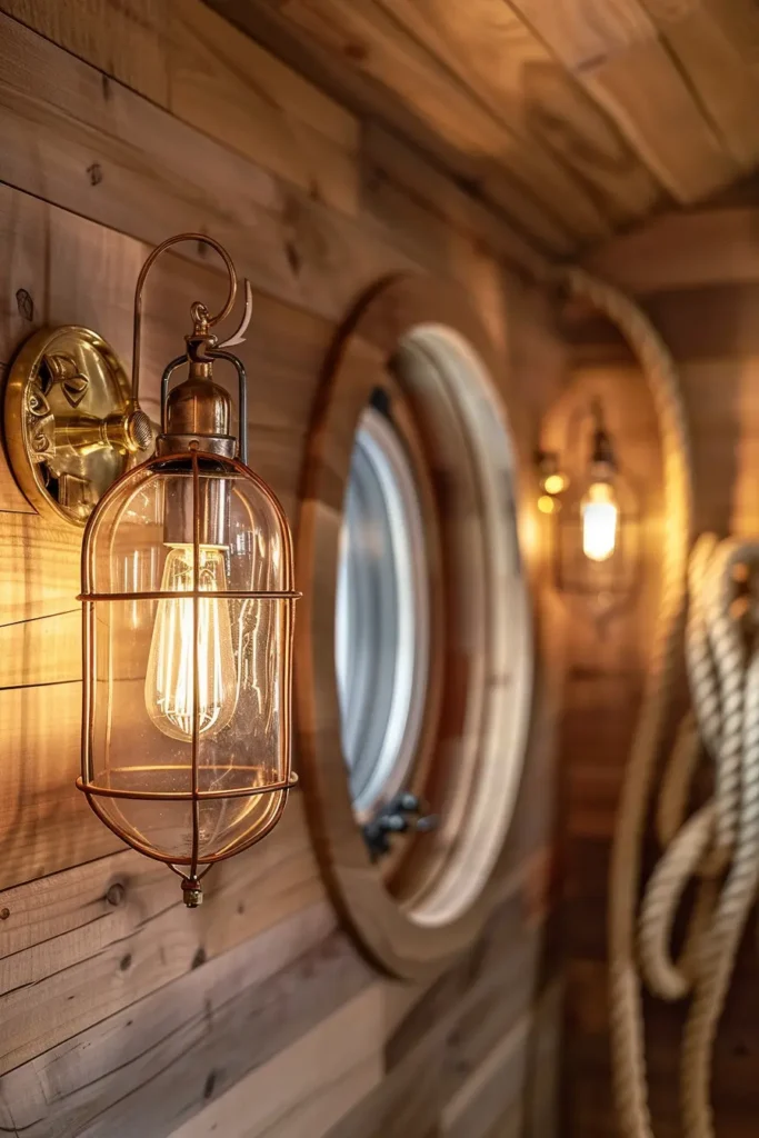 Aménagement salon tiny house avec mur d'accent en lambris de bois teck et miroir rond laiton