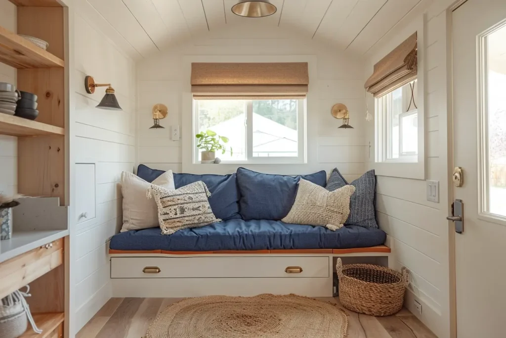 Aménagement salon tiny house avec mur d'accent en lambris de bois teck et miroir rond laiton